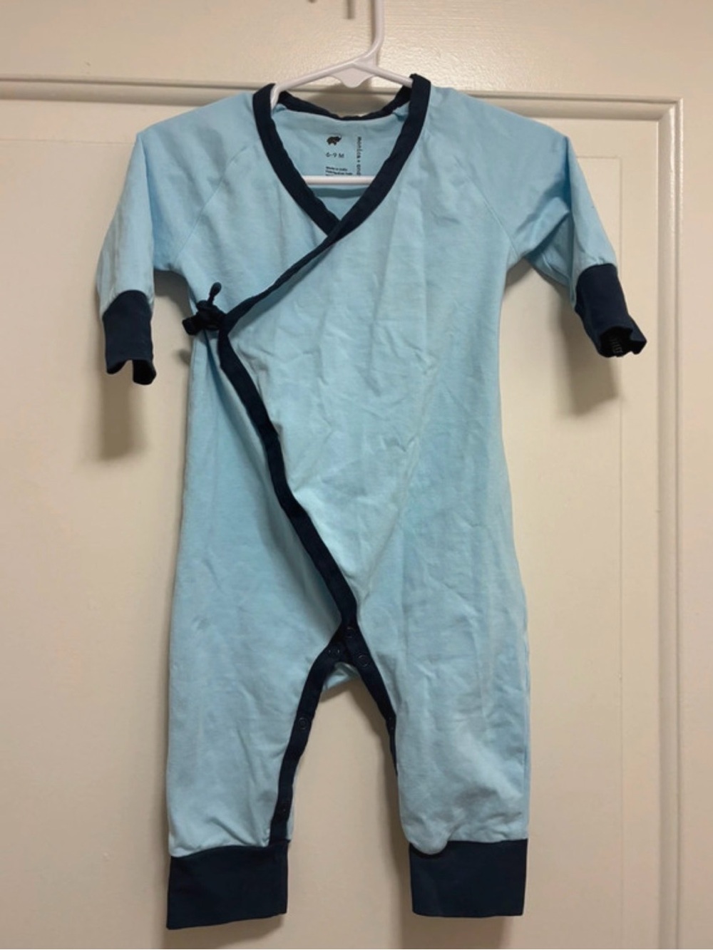 Monica + Andy Light Blue & Navy Baby Kimono Wrap Romper Sleeper Organic Cotton